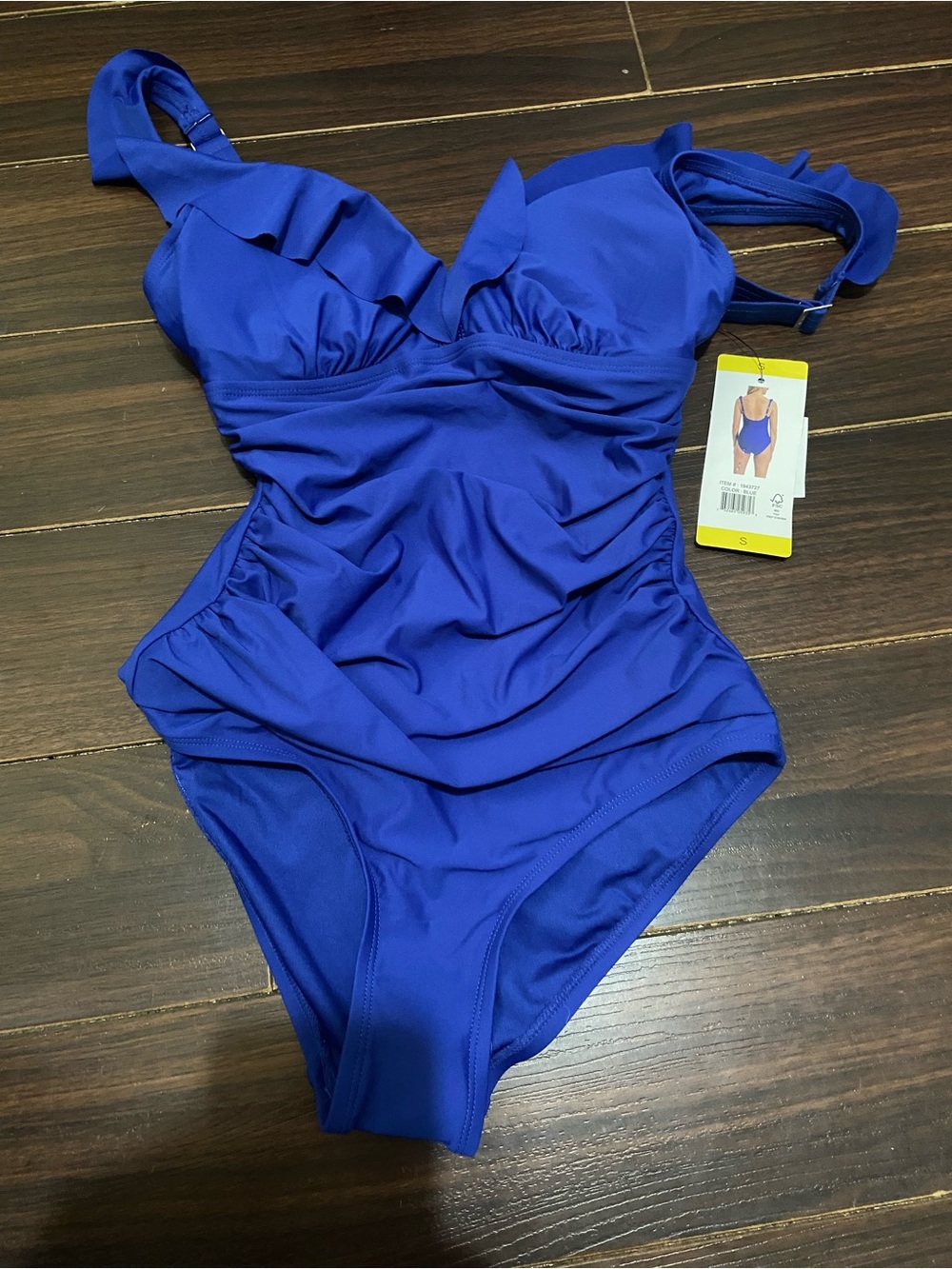 New DKNY Blue Ruffle One Piece Swimsuit Women’s Size S Ruched Tummy Control - Picture 7 of 11